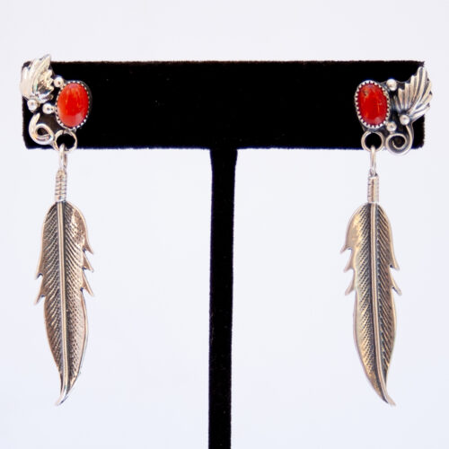 Red Coral Single Silver Feather Drop Earrings