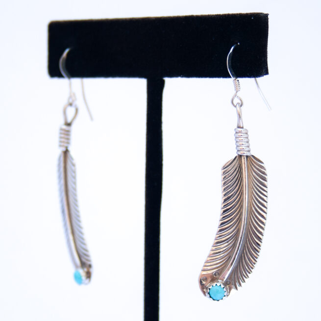 Turquoise Dot Tip Silver Feather Drop Earrings