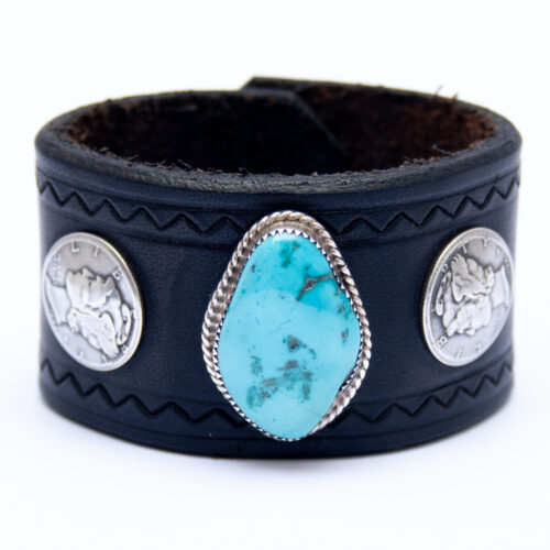 Bracelet Amérindien Turquoise Cuir Noir